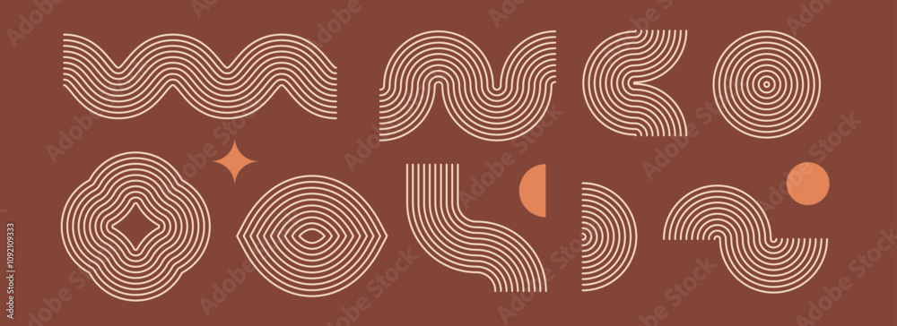 Aufkleber Boho linear element collection. Brown wave and arch forms design. Mid century curves and arcs set. Bohemian decorative ornamental shape bundle for badge, icon, poster, banner, template. Vector