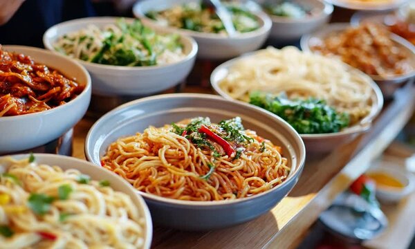 Variety of Flavorful Asian Noodles in a Colorful BuffetStyle Display : Generative AI