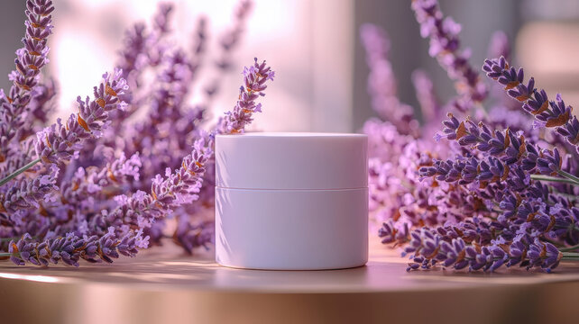 A white jar of cream sits on a table next to purple flowers. The scene is simple and elegant, with the jar and flowers being the main focus