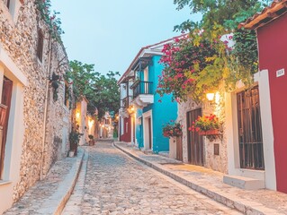 Obraz premium Charming cobblestone street lined with colorful houses and blooming flowers.