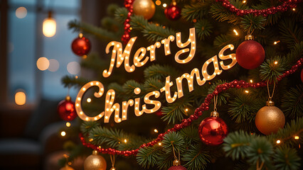Merry Christmas sign on a decorated Christmas tree. Concept of winter holidays and festive season.