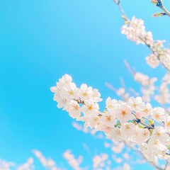 Fototapeta premium Cherry blossoms against a clear blue sky create a serene spring atmosphere.