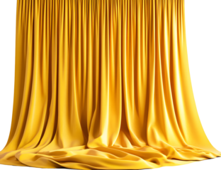 Long, wide, yellow curtains lying on the floor. Isolated on a transparent background.