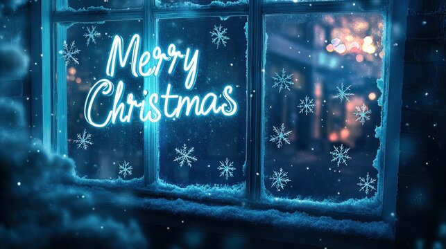 Decorated on a frosted, icy blue window with Merry Christmas in glowing, white neon letters, surrounded by delicate snowflakes and a cold winter night sky.