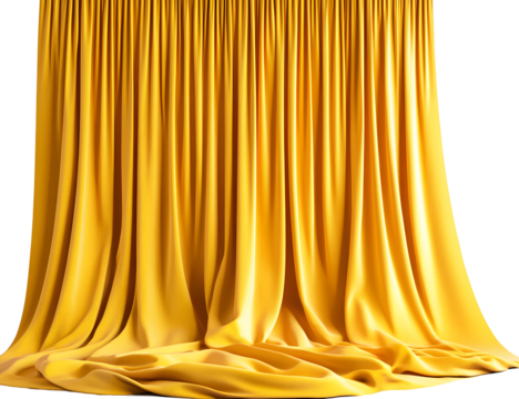 Long, wide, yellow curtains lying on the floor. Isolated on a transparent background.