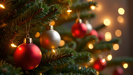 Christmas tree with red and silver ornaments and warm lights. Concept of winter holidays, celebration, and festive season.