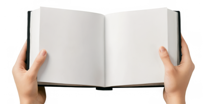 Pair hands holding open book are positioned way square