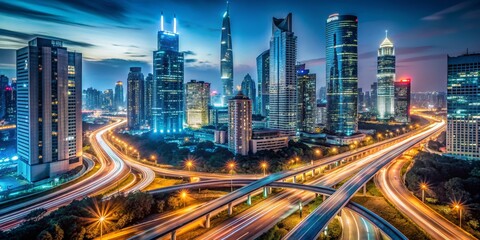 Urban Skyline at Dusk with Intertwined Highways, Night Photography, Cityscape , Shanghai
