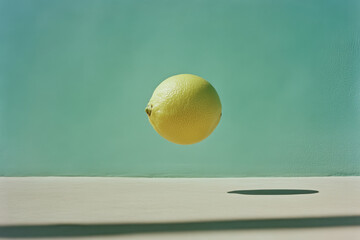 Single lemon suspended mid-air against a solid pastel blue background, minimalist and surreal composition, vibrant color contrast, casting a faint shadow beneath.