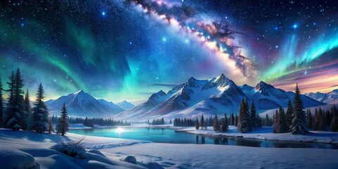 Fototapeta premium Snowy Mountains under a Starry Sky with Milky Way and Aurora Borealis, winter wonderland, night sky