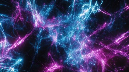 Naklejka premium Abstract Nebula: Cosmic Energy Flows, Vibrant Glowing Threads Dance Mysteriously Across Dark Space, Stellar Dust Shimmers Brightly. Digital Art, Galaxy