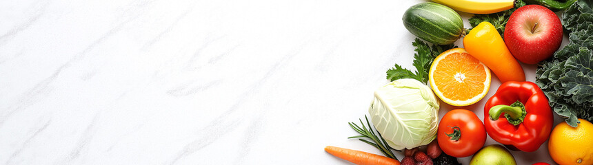 colorful assortment of fresh fruits and vegetables, including apples, oranges, peppers, and leafy greens, arranged on white marble surface. vibrant colors create lively and healthy atmosphere