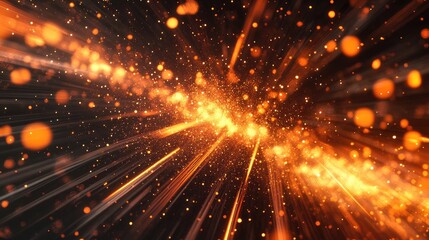 Fototapeta premium Glowing Particles Burst Radiate Light Beams, Shimmering Dust Creates Festive Abstract Background