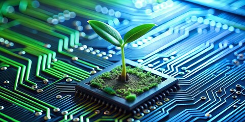 Fototapeta premium Green Sprout Growing on a Circuit Board, Technology, Nature , Sustainability