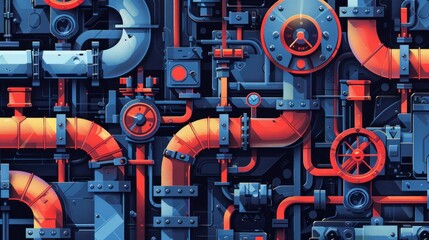 Intricate network of pipes, valves, and gauges in vibrant colors.