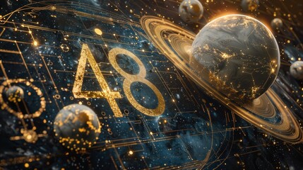 Futuristic space scene with planet and number 48.