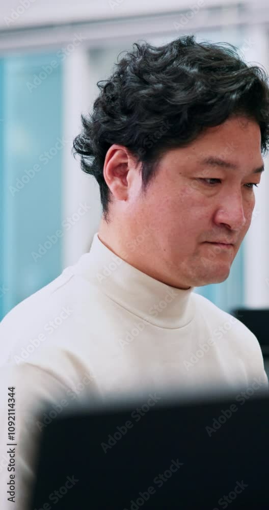 Aufkleber Office, web design and business Asian man on computer for networking, online and website at research center. Creative, startup and Japanese person on tech for software, programming and management