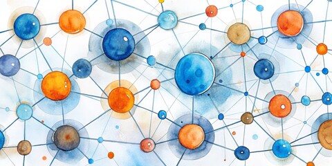 Abstract Watercolor Network of Circles, Connected, Interconnected ,network