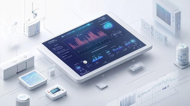 health platform displaying home health monitoring data, floating on a clean white background, highlighting the future of medical technology for home use