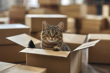A cute cat is sitting in a cardboard box surrounded by moving boxes, ready for the next stage of their journey.
