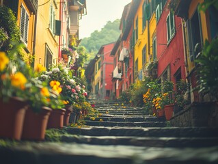 Fototapeta premium Colorful alleyway lined with flowers and stone steps in a quaint village.