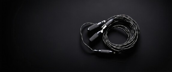 Coiled audio cable on black background, ideal for music production, sound engineering, and electronic equipment setups.