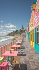 Fototapeta premium Colorful beachfront promenade with tables and vibrant buildings.