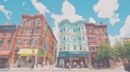 Obraz premium Colorful buildings and shops under a bright sky in an urban setting.