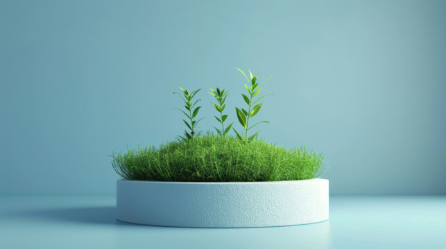 Minimalistic grass on a round podium against a blue background provides space for eco product presentation or green nature advertising.