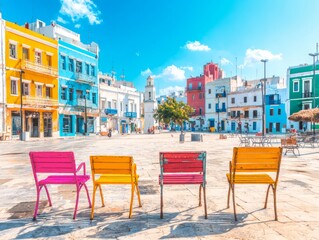 Obraz premium Colorful chairs in a vibrant plaza with historic buildings and blue skies.