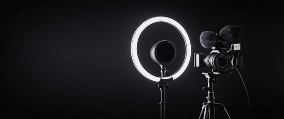 Professional video equipment featuring a camera, ring light, and audio gear on a black background, ideal for content creation.