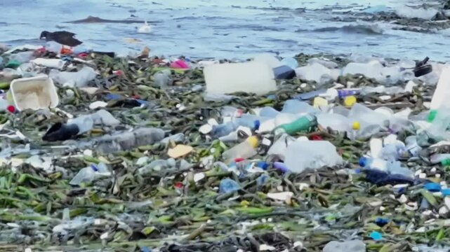 The ocean waves carry a significant amount of plastic waste, highlighting the extent of marine pollution. Striking footage for environmental awareness and sustainability campaigns.