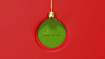 Merry Christmas and Happy New Year. Paper cut and embossed design Green Christmas ornament with golden accents red background. Xmas minimal ball. vector illustration