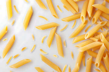 Obraz premium Types of Italian pasta. Food concept background , Italian Penne Rigate Macaroni Pasta raw food background or texture ,Assorted Raw Pasta Shapes on a White Surface for Culinary Use . 