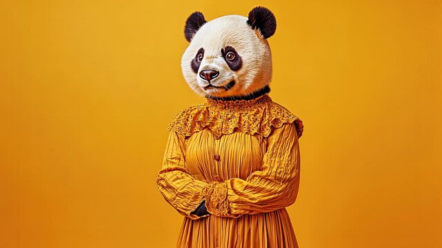 A whimsical portrait of a figure in a panda mask wearing a yellow dress