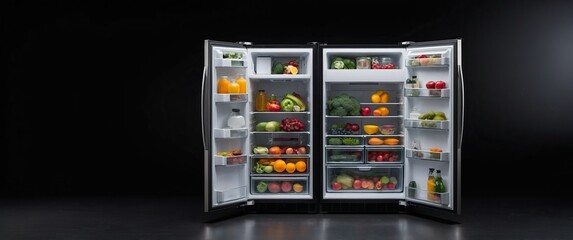 Brightly lit refrigerator filled with fresh produce, drinks, and various healthy food options, perfect for meal preparation.