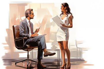 Obraz premium Business Meeting: Man and Woman Discussing Documents