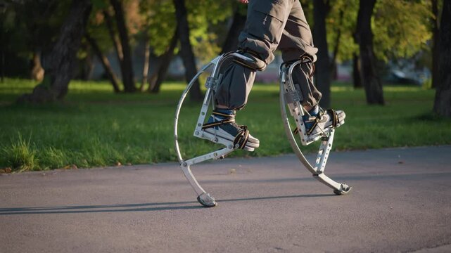 Legs of man using spring stilts while walking on paved path in sunny park, wearing dark gray pants. Low camera angle focuses on dynamic movement, highlighting stilts and vibrant outdoor scenery