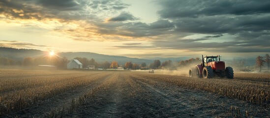 Fototapeta premium A red tractor working a field at sunrise. The sun peeks through the clouds as the tractor churns up the soil.