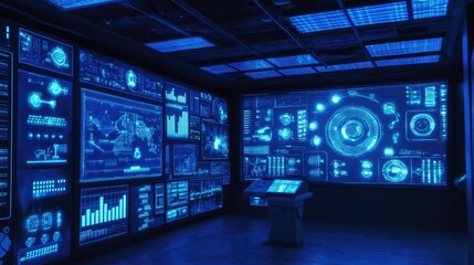 Fototapeta premium Digital Data Streams Visualized on Futuristic Screens in a Control Room, Glowing with Blue Light, Advanced Technology Displays