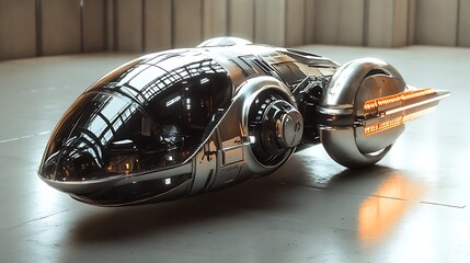 Futuristic, Silver, Single-Seater Vehicle with Orange Lights