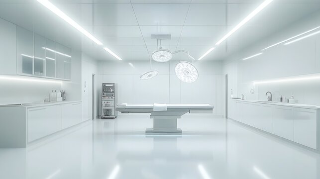 Sterile operating room with sleek, modern equipment, bright lights, and minimal decor