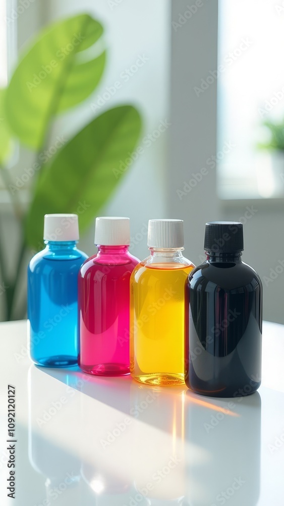 Poster A row of colorful bottles with different colored liquids inside