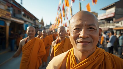 Obraz premium A Buddhist temple festival with monks and bright prayer flags