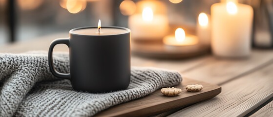 A Danish Hygge scene with candles, knitted blankets, and warm beverages