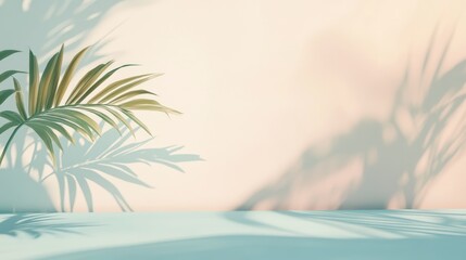 Palm Leaf Shadows Dance on Walls, Creating Artistic Light and Shadow Play on Pastel Surfaces