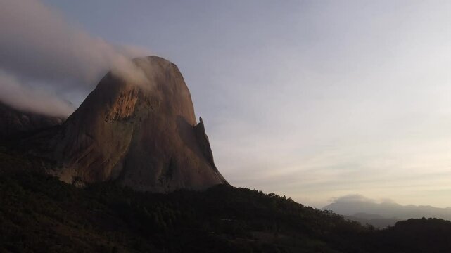 Aerial footage of Pedra Azul mountain at sunset. Espirito Santo, Brazil.