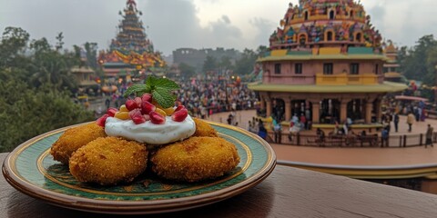 Obraz premium Delicious Aloo Tikki with Yogurt and Pomegranate on Green Plate with Historic Indian Temple Background in Beautiful Scenic Setting of Cultural Significance