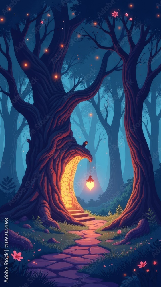 Poster a forest with a moon in the sky and a path leading through it