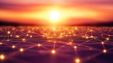 Fototapeta premium vibrant sunset illuminates network of glowing connections, creating stunning visual